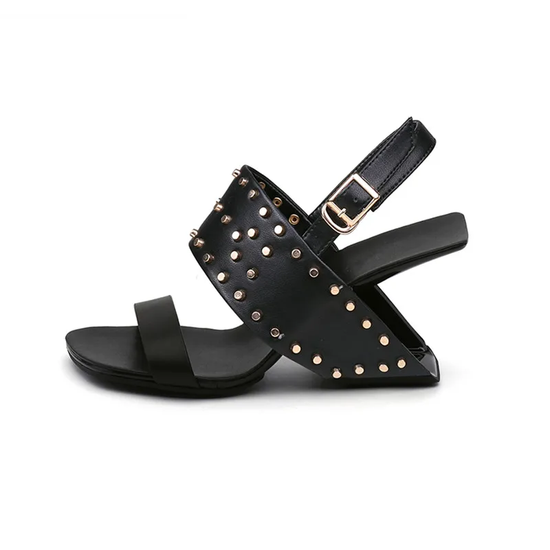 

Black Leather Women Formal Sandals Studded Decor Fretwork Wedge High Heels Summer Shoes Apricot Prom Sandalias Femininos Zapatos