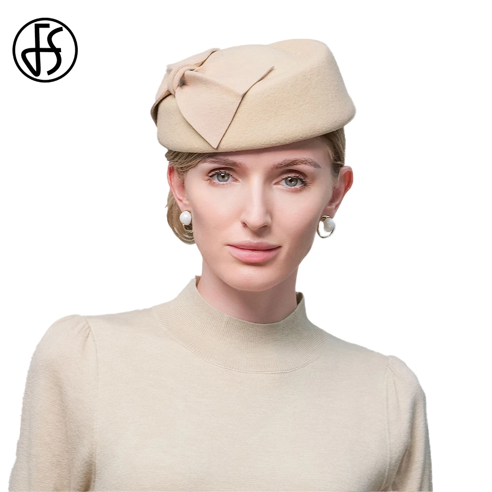 

FS Vintage 100% Wool French Camel Beret Hats For Women Black Felt Cap Ladies Winter Bow Elegant Church Wedding Fedora Femme 2022