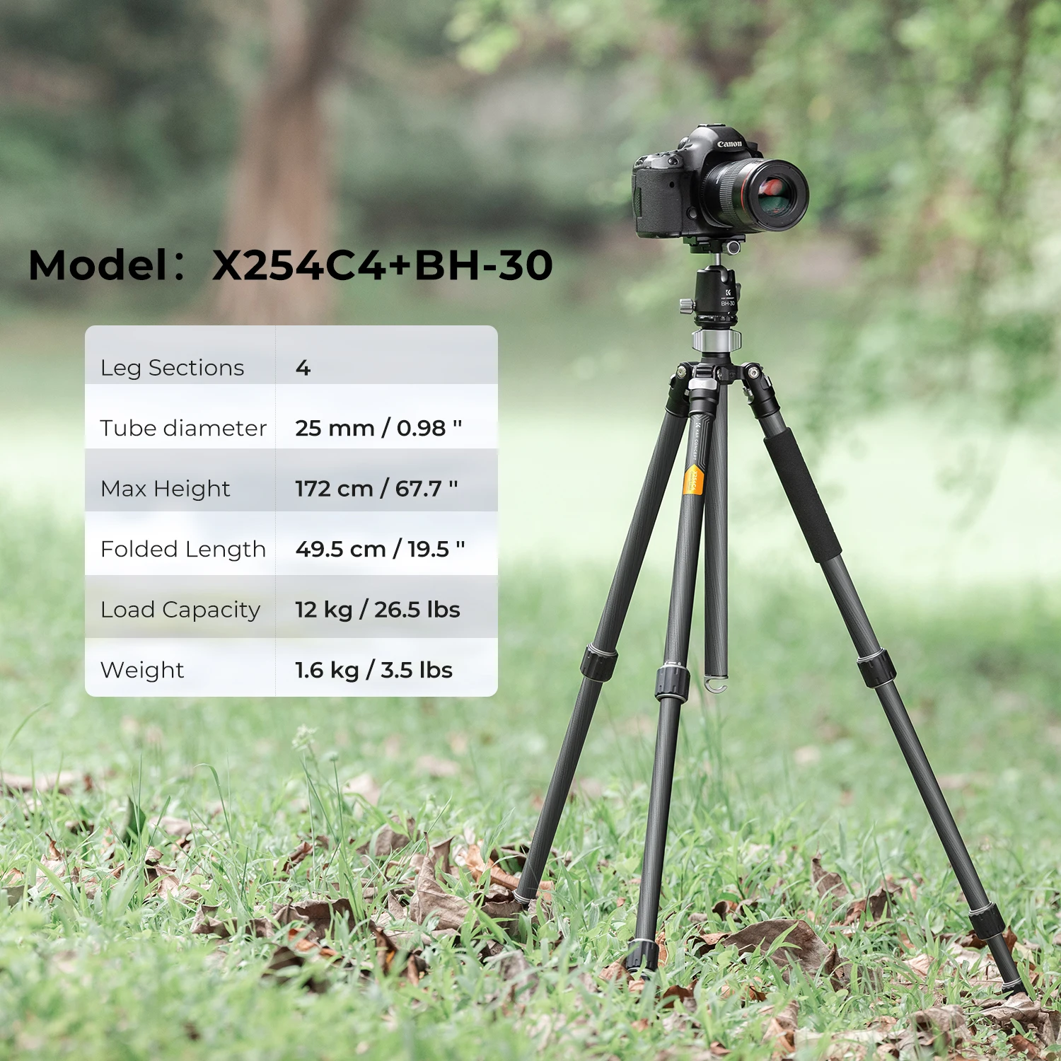 Фото Штатив K&F CONCEPT 68 дюймов/1,7 м из углеродного волокна с шаровой головкой 12 кг/26,2 фунта для Nikon, Canon, Sony, подставка для штатива для зеркальной камеры X254C4 + BH-30 №1