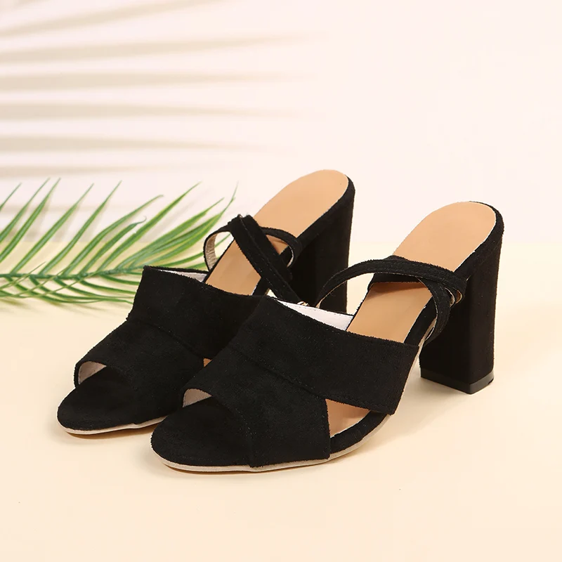 

2022 Women Office Sandals Summer Hing Heel Buckle Strap Black Gray Brown Chunky Heels Size Flock Wedding