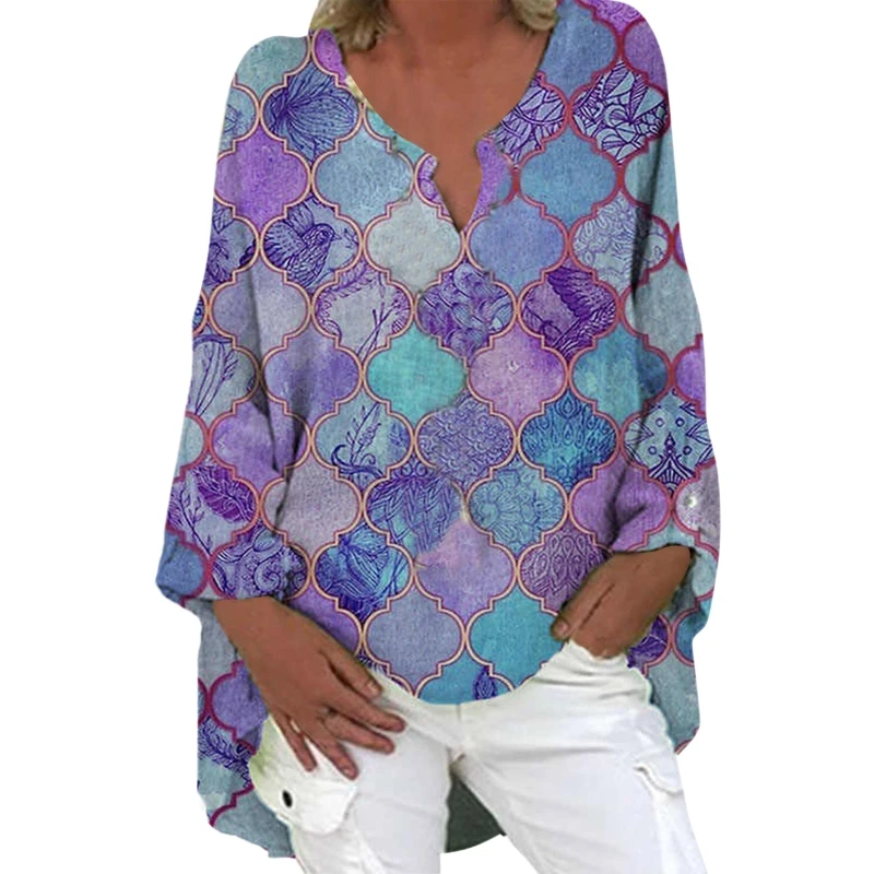 

Women Long Sleeve V Neck Shirts Ethnic Geometric Plaid Floral Bird Printed Pullover Tunic Top Oversized Loose Blouse