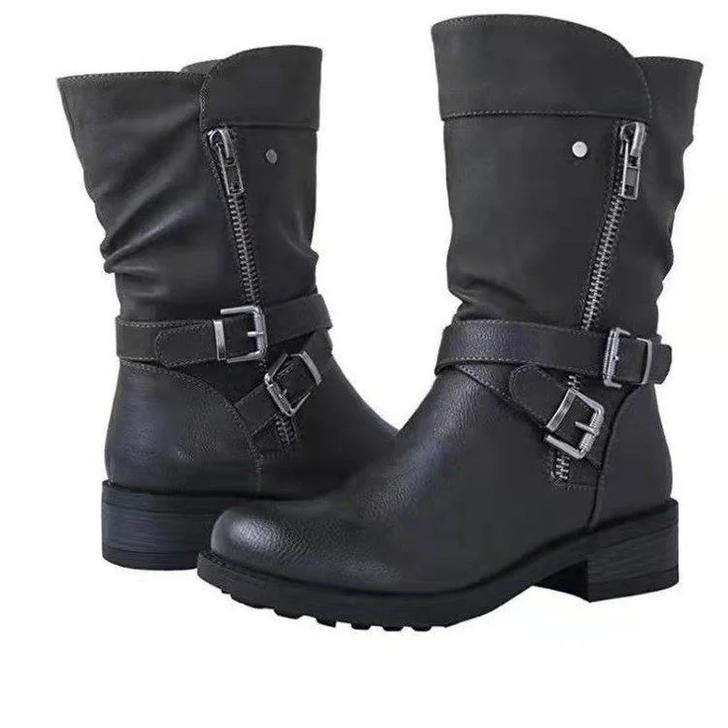 

Women's Ankle Boots Western Rivet Gothic Mid Calf Boot retro Belt Buckle Punk Modern Boots classic Autumn Winter Botas Mujer