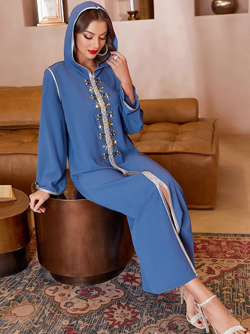 Rhinestones Moroccan Embroidered Kaftan Arabic Long Hooded Dress Party Djellaba for Women Muslim Dubai Saudi Ramadan Eid Abaya