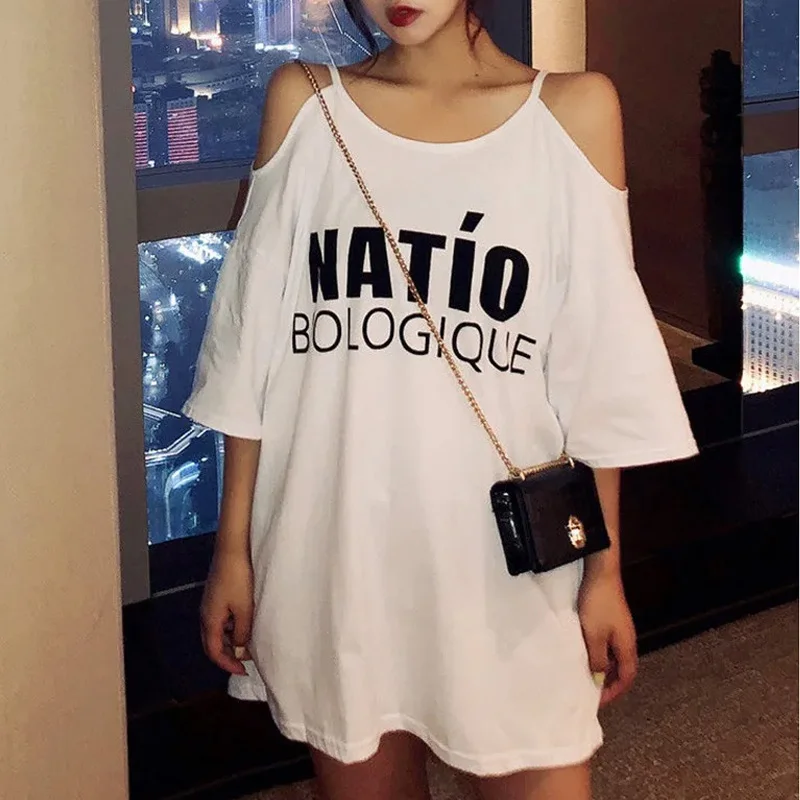 

Fashion new fund female type dew shoulder condole belt T-shirt street letter printing sexy style brand short-sleeve loose Tees
