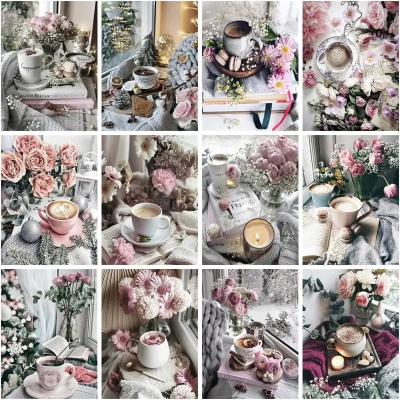 

CHENISTOR 5d Diamond Embroidery Coffee Scenery Diy Kit For Adults Diamond Painting Full Square Round Drill Mosaic Flower
