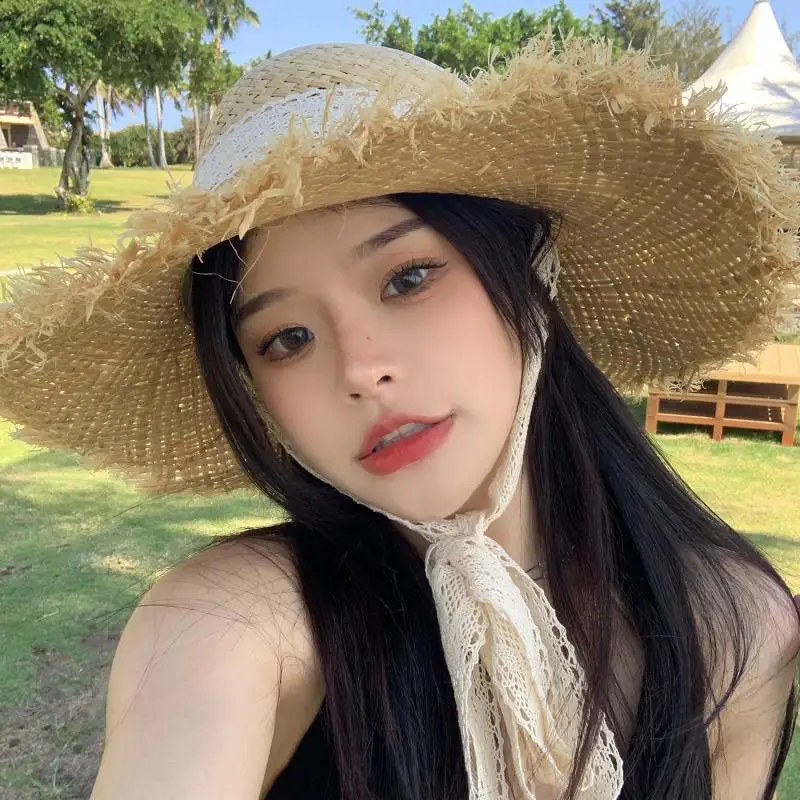 

2023 Summer New Straw Korean Style Knitted Hat for Women's Beach Tourism Vacation Sunshade Protection Big Eave Sun Hat