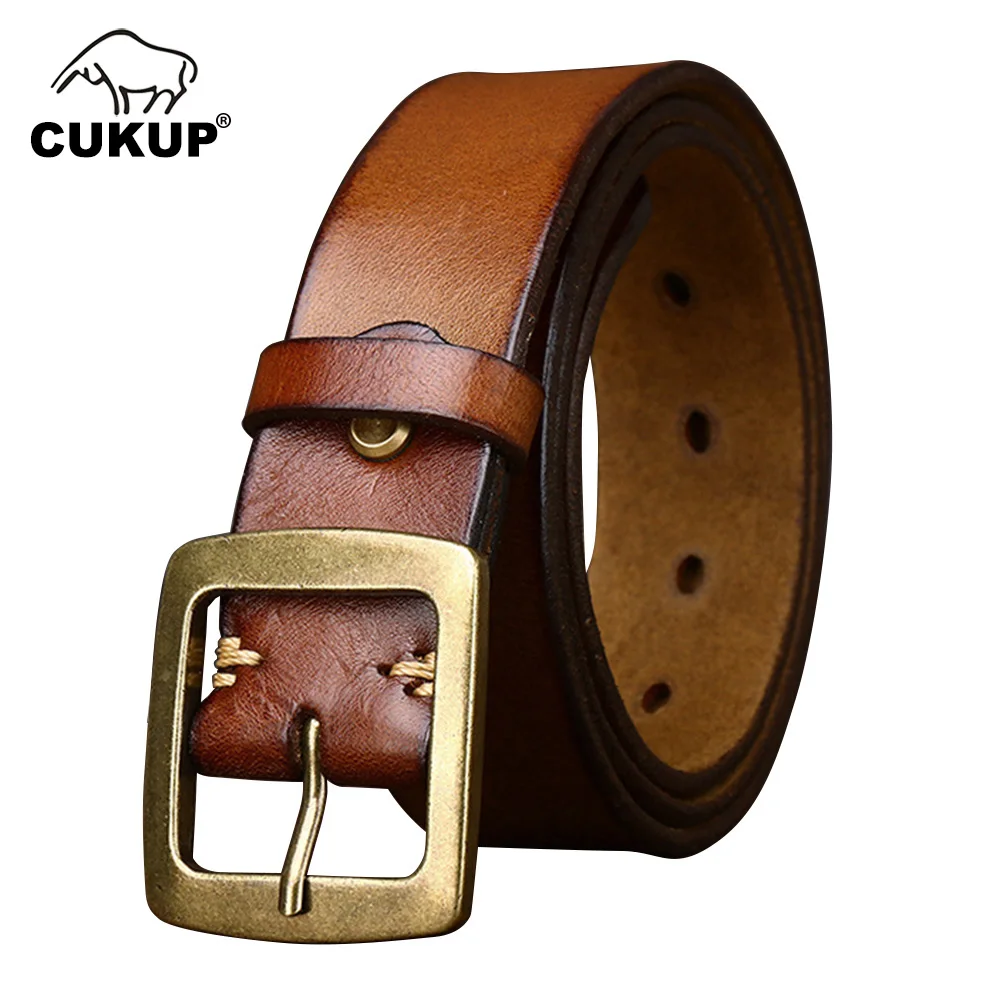 CUKUP 3.8CM Wide Retro Style Top Quality Cow Cowhide Leather Belt with Brass Pin Buckle Casual Jeans Belts for Men 2022 NCK1146