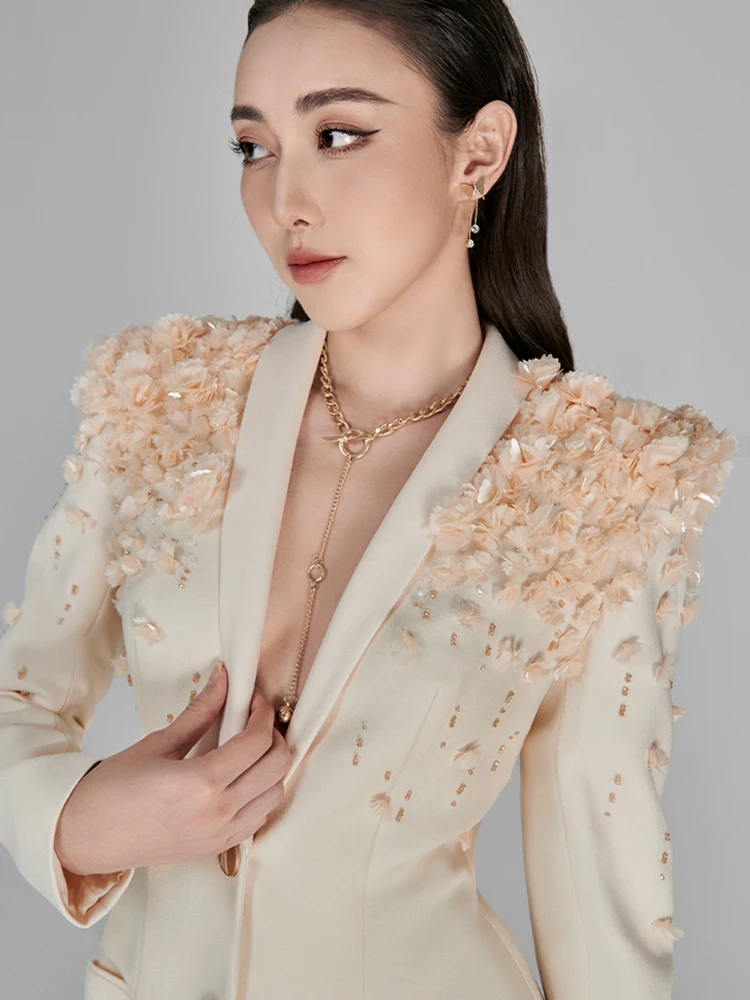 DEAT Элегантное платье с глубоким v-образным вырезом и 3D цветочной вышивкой