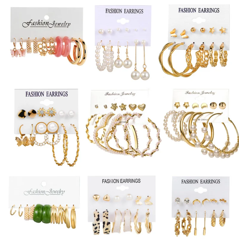 

2023 new spring and summer vintage pearl earrings for women 9-piece set sexy leopard butterfly combination earrings earrings
