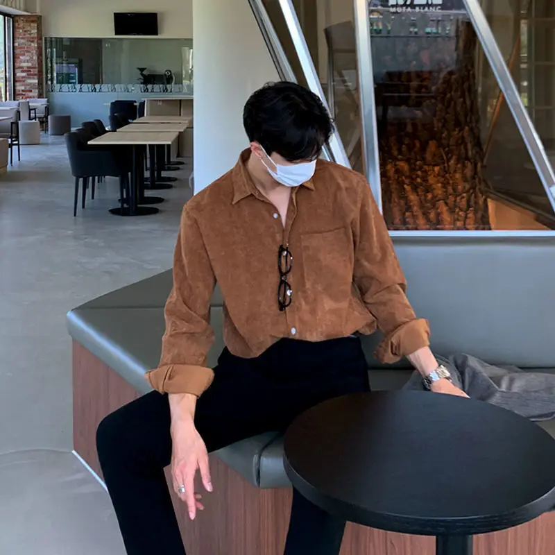 Мужская Вельветовая рубашка однотонная Повседневная Свободная с длинными