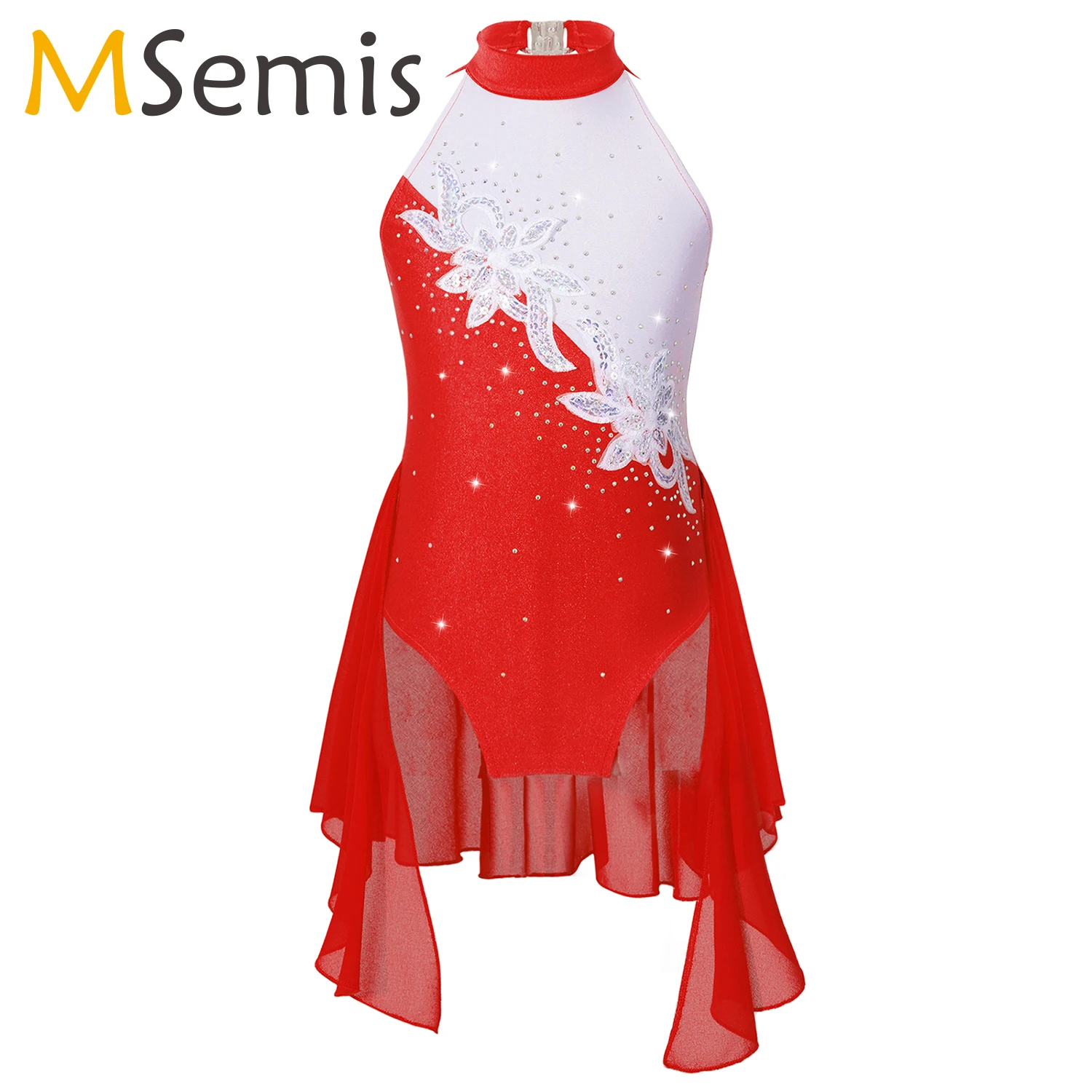 

Kids Girls Ballet Dress Rhinestone Floral Gymnastics Leotard Chiffon Skirt Lyrical Dance Costume Modern Contemporary Dancewear