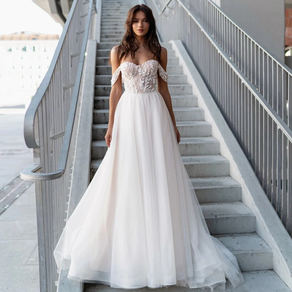 

Ivory Wedding Party Gowns 2022 Boho Sweetheart Pearls Long Wedding Dresses For Women Lace Applique Bead Elegant vestido de novia