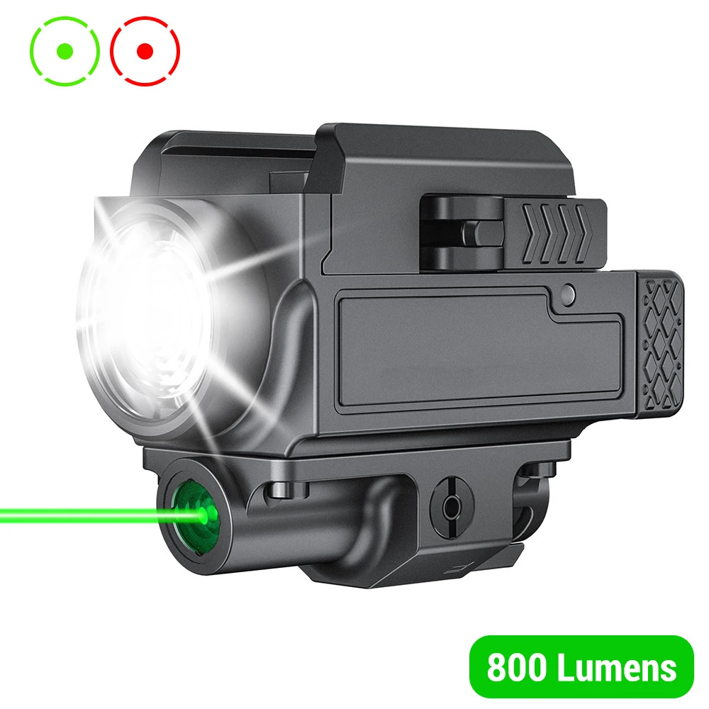 800 Lumens Pistol Light with Green Laser Tactical LED Weapon Gun Light Compact USB Rechargeable Quick Release Gun Flashlight