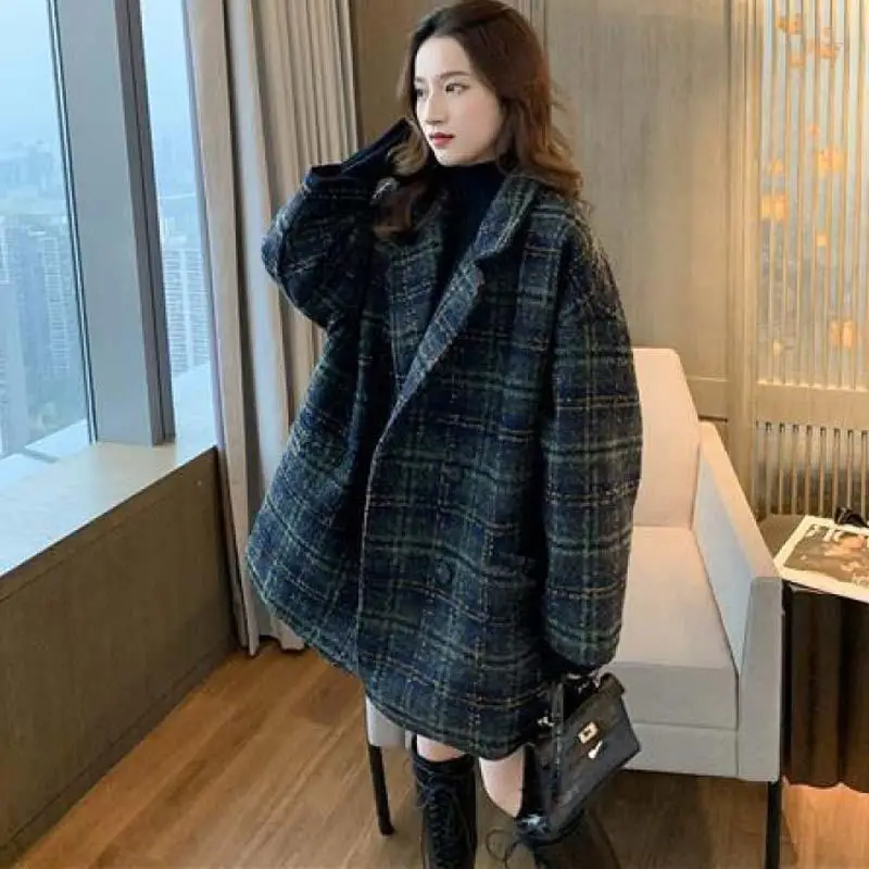 

Suit Coat Women's Autumn Winter 2022 Loose Plaid Tweed Medium Long Woolen Coat Trench Coat Japan Style Double Breasted Jacket