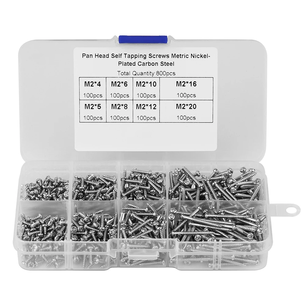 

800pcs M2 Cross Drive Pan Head Self-Tapping Screws Woodworking Fastener with Box Screws Screws