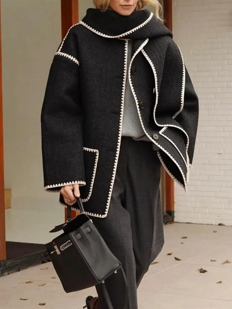 

Women Jacket Scarf Collar Striped Embroidery Trim Single Breasted Tassels Fashion Cardigan