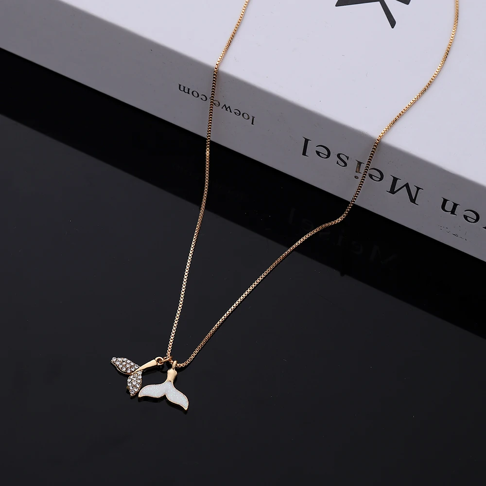 

Trendy Double Dolphin Tails Necklaces For Women Charming Full Rhinestone Pendant Necklaces Chokers Female Collarbone Chain