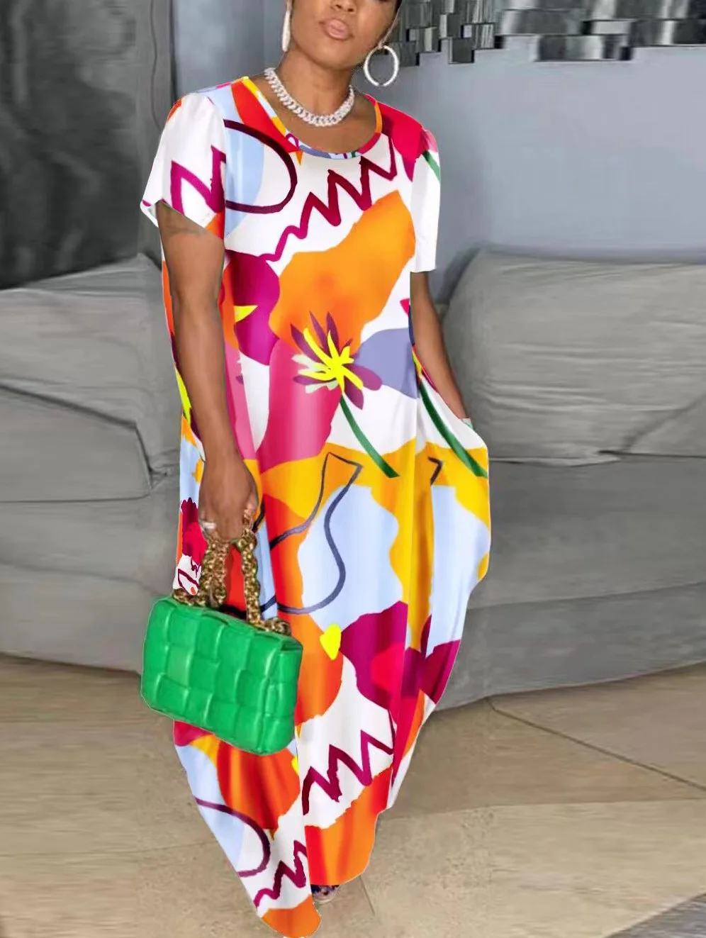 Plus Size Floral Dress Women Wide Print Pocket Elegant Cloth Lady Casual Long Robe 2023 Summer Trendy Evening Party New In Dress