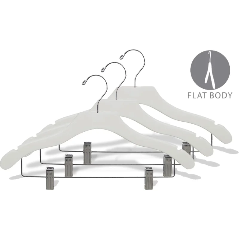 

International Hanger Wooden Wavy Combo Hanger, White Finish with Chrome Hardware, Box of 100