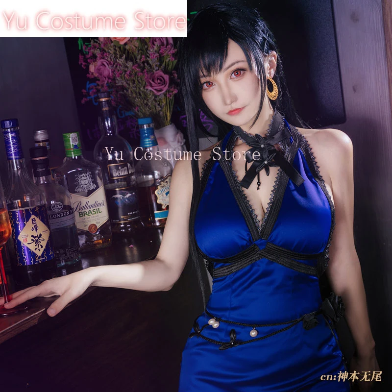 Аниме! Final Fantasy 7 костюм Тифа Локхарт синее платье сексуальная униформа