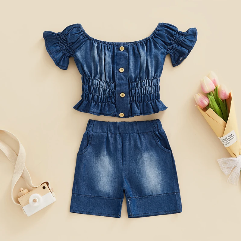 

1-5 Years 2-piece Girls Summer Denim Outfits, Off-shoulder Shirred Crop Tops + Elastic Waist Shorts for Kids,