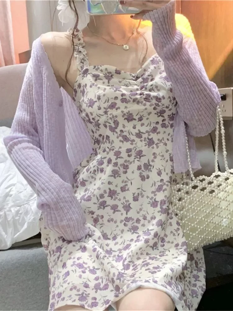 

Dresses Woman Summer Autumn Cardigan 2022 Party Sleeveless Sling Sexy Casual Floral Print Midi High Waist Female Clothing