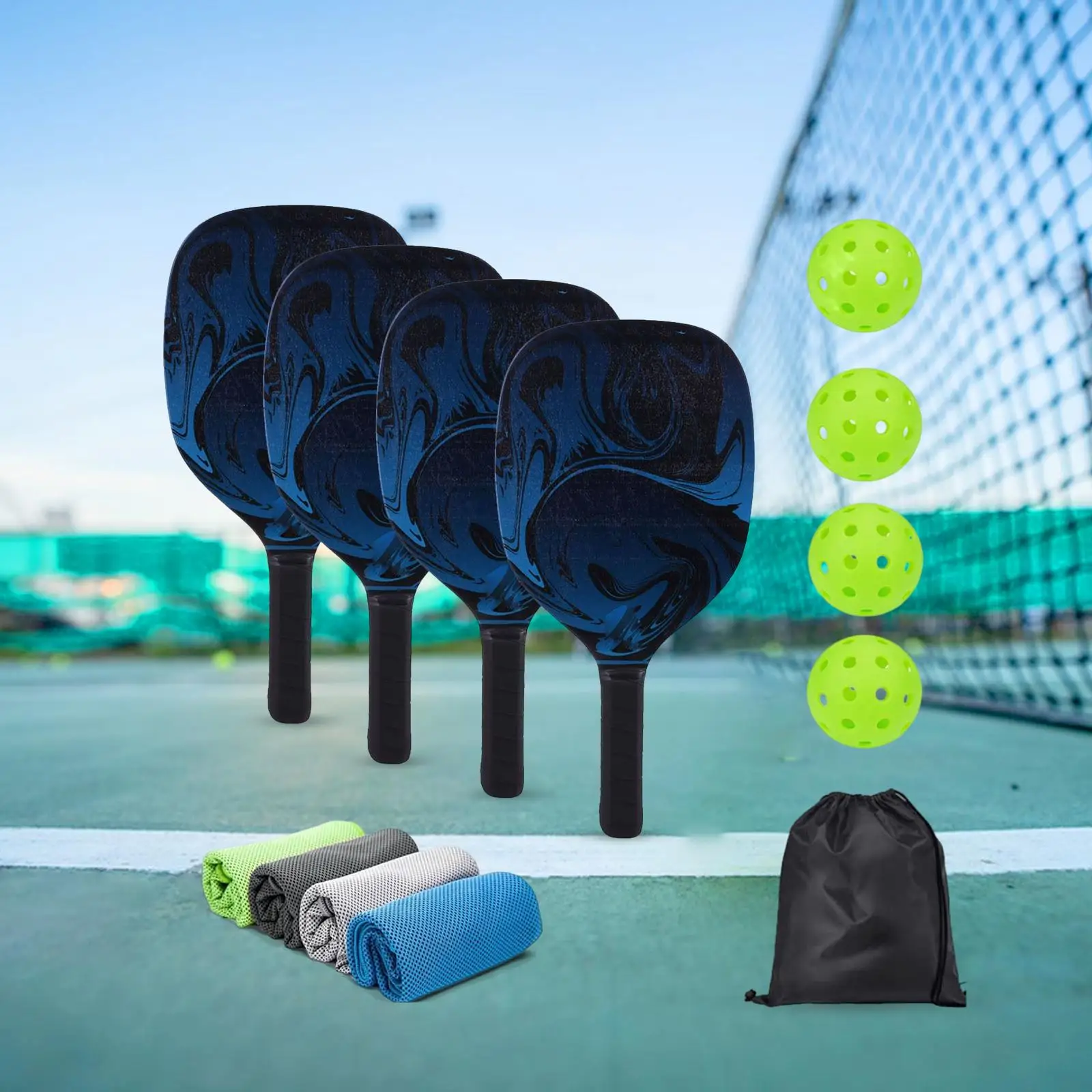 

4x Basswood Pickleball Paddles 4 Pickleball Balls 4 Towels Lightweight Pickleball Rackets Set Racquets with Bag Comfort Grip