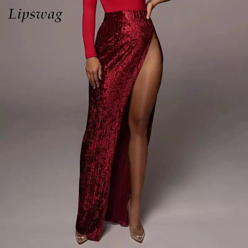 

Autumn Elegant Solid High Slit Sequin Dress Women Fashion Mid Waisted Shinny Bust Skirts Office Lady Sexy Hollow Bodycon Dresses