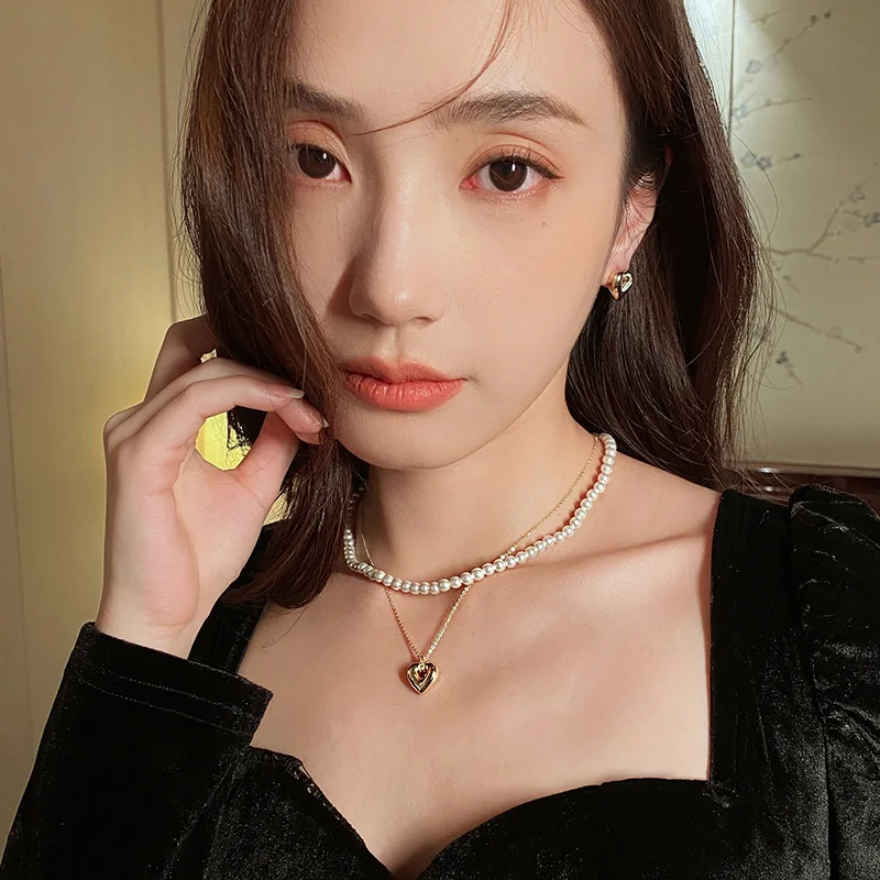 

MASA Women Retro Luxury Heart Pearl Pendant Necklace Classical Pearl Double Layer Neck Accessory Wedding Jewelry Gifts