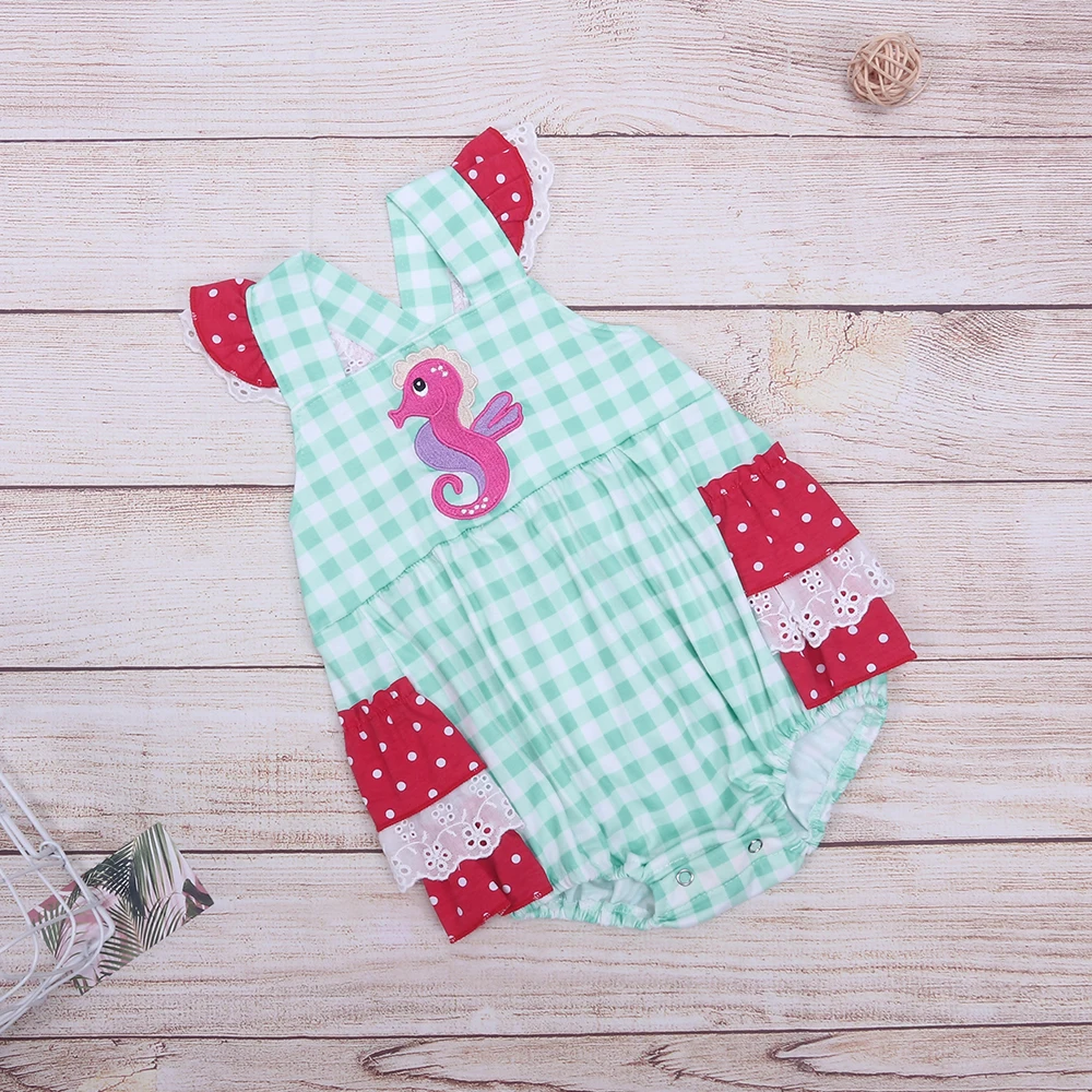 

Baby Girls Clothes Girls Romper For Summer New Style Cute Seahorse Embroidery Romper Pretty Cyan Grid Baby Jumpsuit For Girls