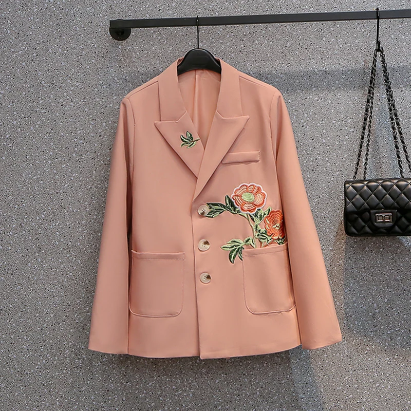 

SuperAen 2022 Spring New Design Loose Slim Casual Suit Pink Embroidered Notched Office Lady Blazer Women