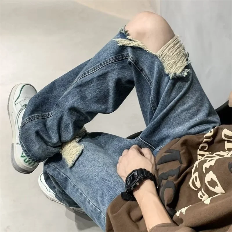 Summer Blue Ripped Jeans Men Fashion Casual Baggy Wide Leg Jeans Men Streetwear Hip Hop Loose Straight Denim Pants Mens Trousers