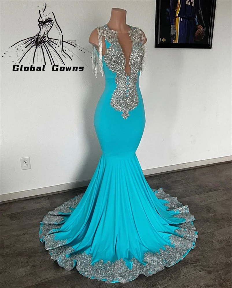 

Blue Sheer O Neck Long Prom Dress For Black Girls Sparkly Beaded Crystal Tassel Birthday Party Dresses Mermaid Evening Gown