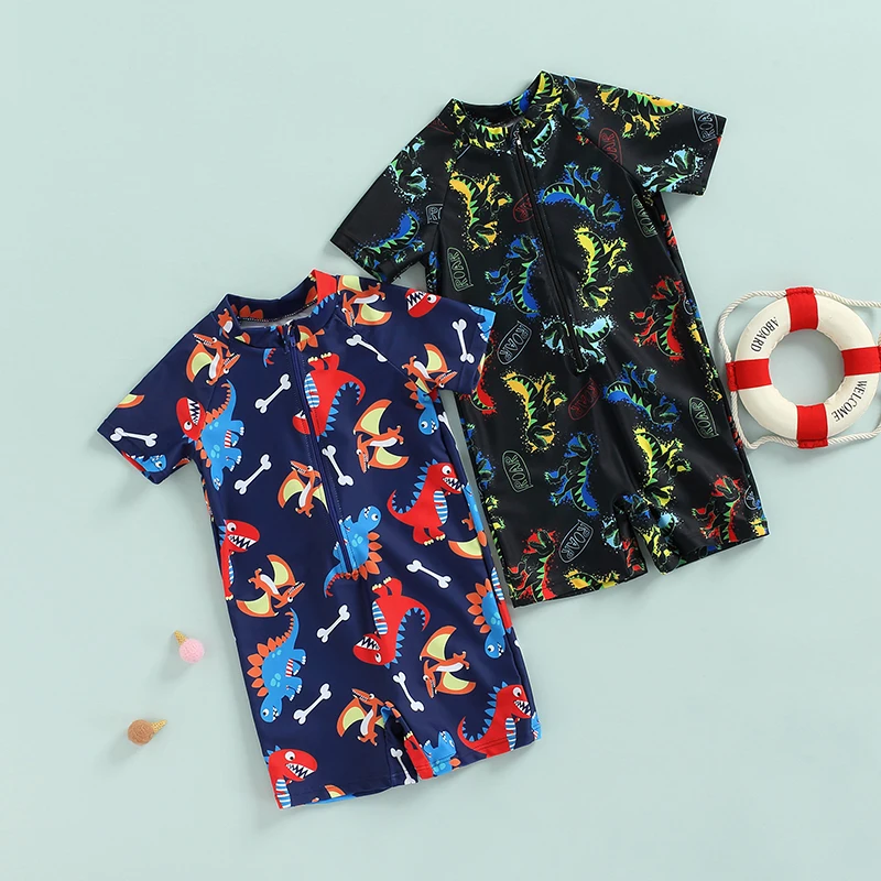 

Summer Kid Boy Swimwear Short Sleeve Stand Neck Zipper Cartoon Dinosaur Print Shorts Beach Swimsuit Swimming Clothing