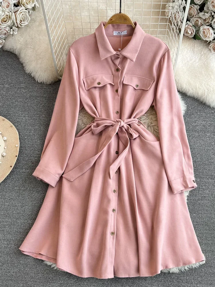 

Women Autumn Dress Korean Version of Fashionable Design with Polo Collar Waist Tie Up Single Breasted A-line Shirt Dress D5719