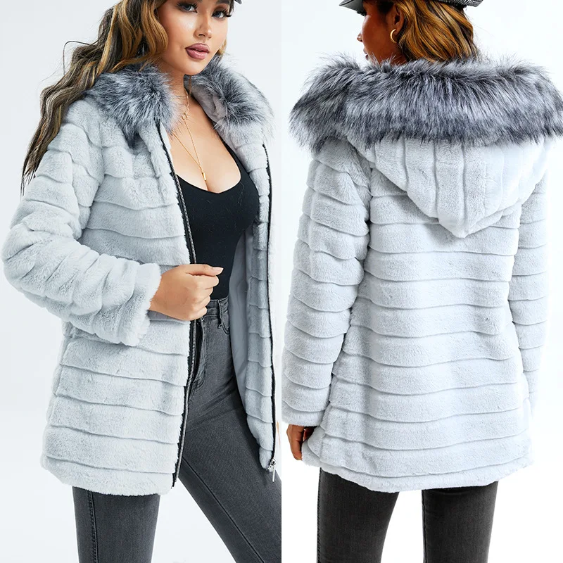 Winter 2022 New Fashion Imitation Faux Fur Coat and Jacket Mid-length Hooded Thickened Imitation Fur Coat Women