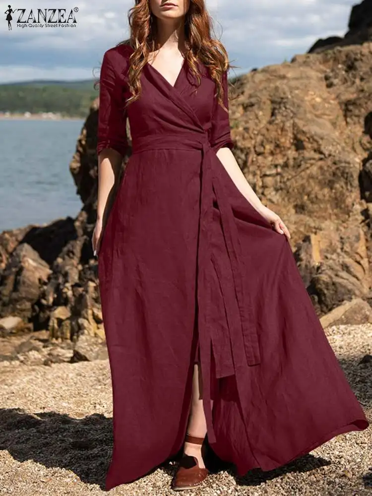 

Elegant Half Sleeve V Neck Solid Lace Up Maxi Sundress 2022 ZANZEA Summer Dress Women Vintage Robe Femme Holiday Vestido Kaftan