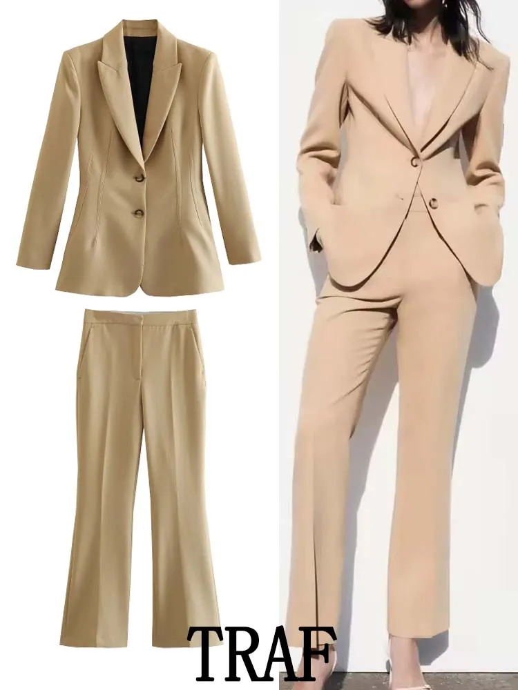 

TRAF 2023 Woman 2 Pieces Sets Fashion Slim Single Breasted Blazer Jacket Coat Tops + Straight Long Pants Commute Causal Sets