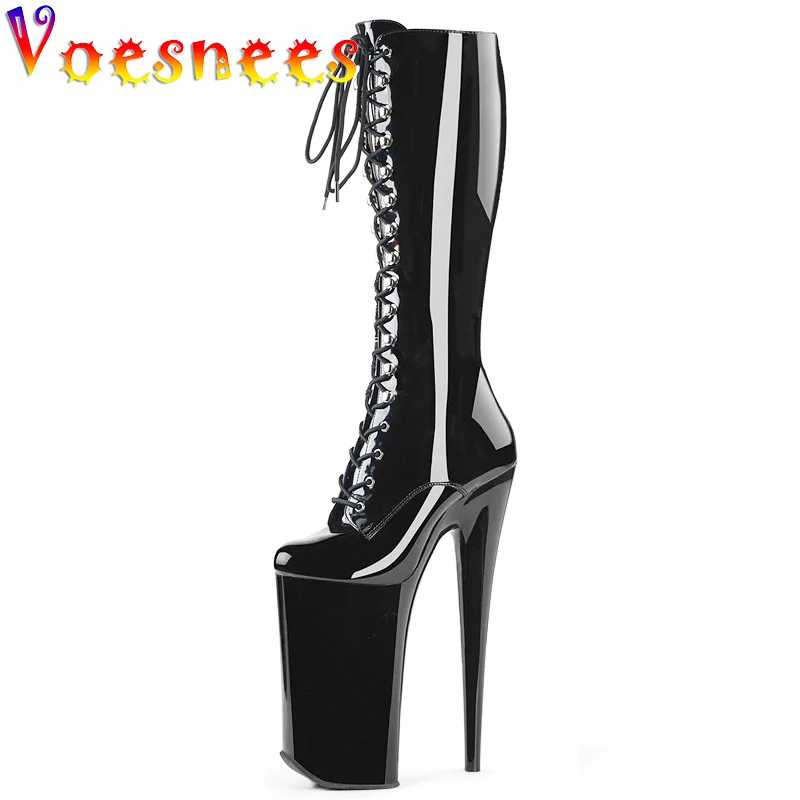 

Привлекательные дизайнерские женские сапоги до колена со шнуровкой, супервысокие женские сапоги 26 см для стриптиза, туфли с круглым носком и платформой с искусственным каблуком, туфли-лодочки