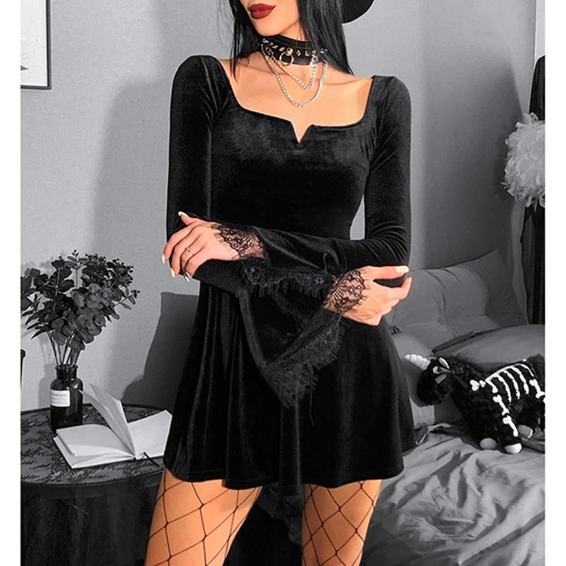 

Women Velvet Evening Gowns Solid Color Long Flared Sleeves A-line Dress with Square Collar for Cocktail Party