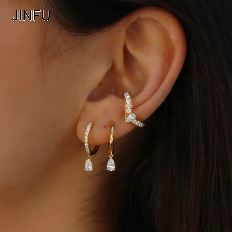 

JINFU Copper Gold Plated Clip Drop Earrings For Women Vintage Piercing CZ Zircon Dangle Earrings 2022 Fashion Jewelry Wholesale