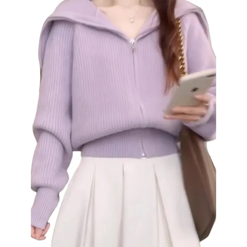 Purple Knit Women 2024 New Autumn and Winter Outerwear Idle Sle Cardigan Korean Series Late Early Wear Top