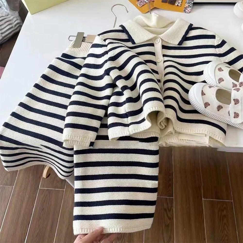 

Menoea Girls' Set Autumn New Girls' Knitted Sweet Polo Stripe Top+Knitted Stripe Wide Leg Pants Two Piece Cute Girls' Set