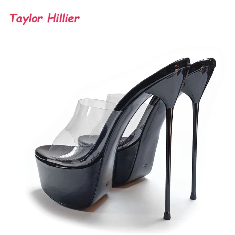 Фото Прозрачные ПВХ-мюли на платформе с открытым носком, женские модные туфли-стилеты, стильные туфли для вечеринок и ночных клубов, эффектные каблуки. №5