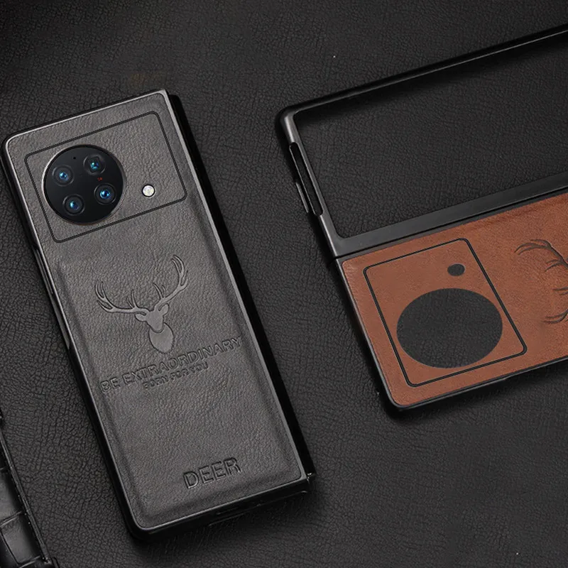 Luxury 2in1 Retro Genuine Leather Hard Phone Case for VIVO X Fold 5G Classic Vintage Deer Elk Head Texture Armor Back Cover