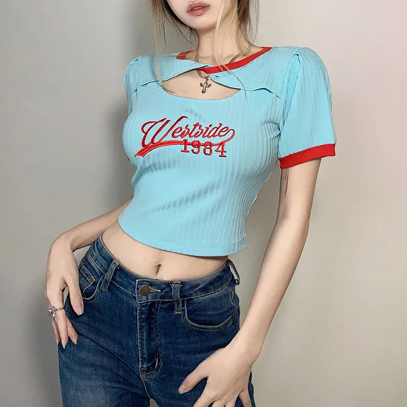 

Summer new women's blue slim fit and slim fashion round neck hollow letter embroidery short-sleeved T-shirt women's short top