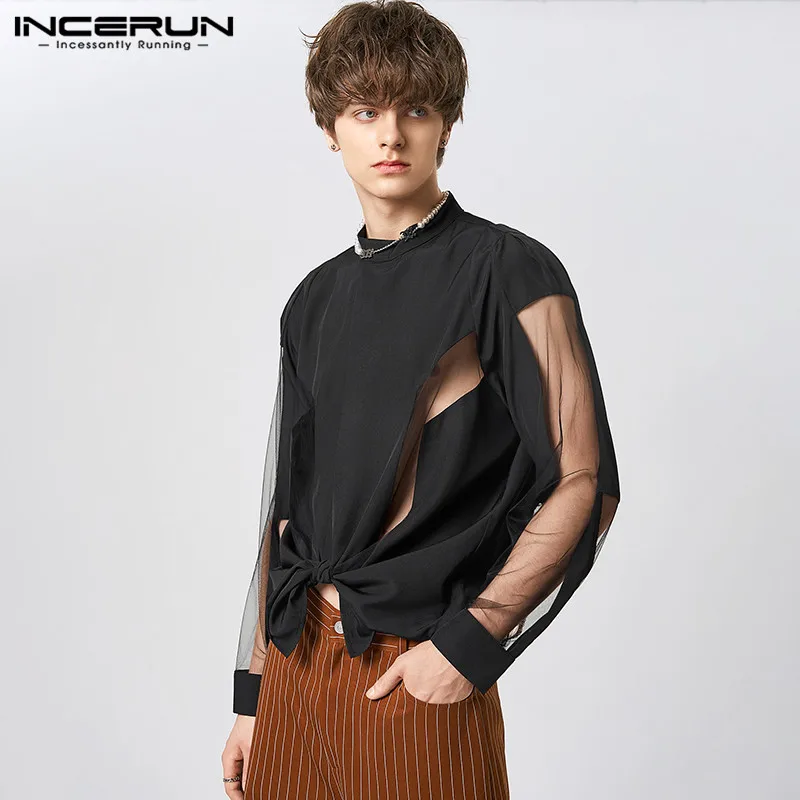 

INCERUN Men Shirt Mesh Patchwork Transparent Stand Collar Long Sleeve Men Clothing Streetwear 2023 Party Fashion Camisas S-5XL 7