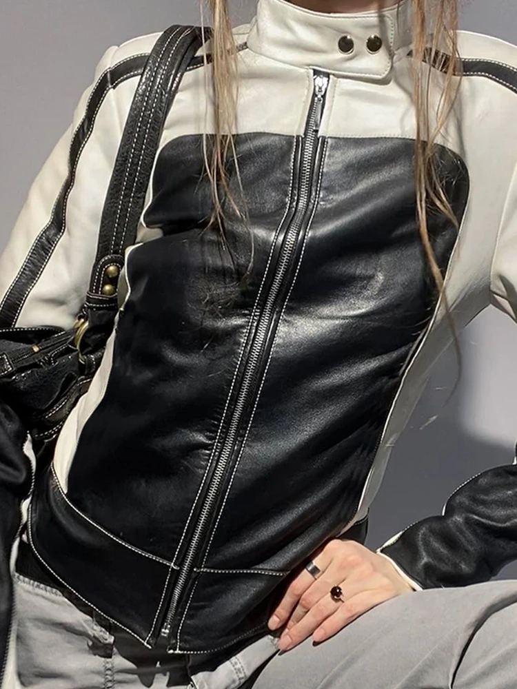 SUCHCUTE Motorcycle Black White Contrast Print Leather Jackets Women Moto & Biker Zip Up Slim PU Bomber Jacket Racing Outwears