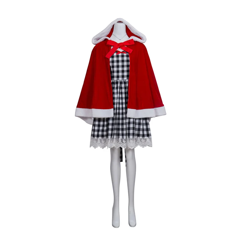Movie Stole Christmas Cosplay Costume Grinch Cindy Lou Who Dress with Cape  Gloves Women Kids Plaid Skirt Hooded Cape Halloween