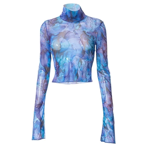 Женская сетчатая водолазка, разноцветный прозрачный пуловер с абстрактным цветочным принтом, укороченный топ, праздвечерние чная блузка